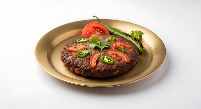 Authentic Pashtun Chapli Kabab Flat Minced Meat Patty Topped with Sliced Tomatoes and Green Chilies Served on Golden Brass Plate Traditional Peshawari Street Food Indian Pakistani Mutton Beef BBQ Dish