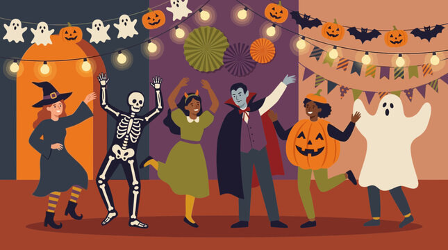 Diverse group of friends in costumes dancing at a Halloween party