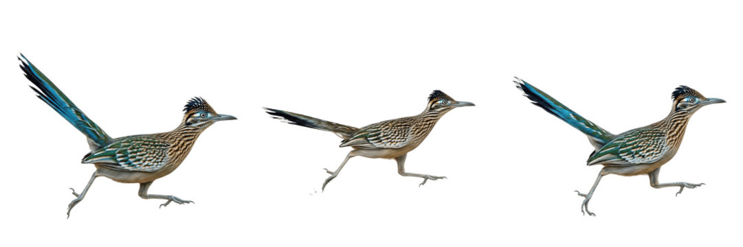 Authentic Wildlife Greater Roadrunner Bird Collection Set Featuring Three Dynamic Running Poses On White Background