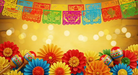 Obraz premium Festive Cinco de Mayo background with colorful paper flowers and maracas