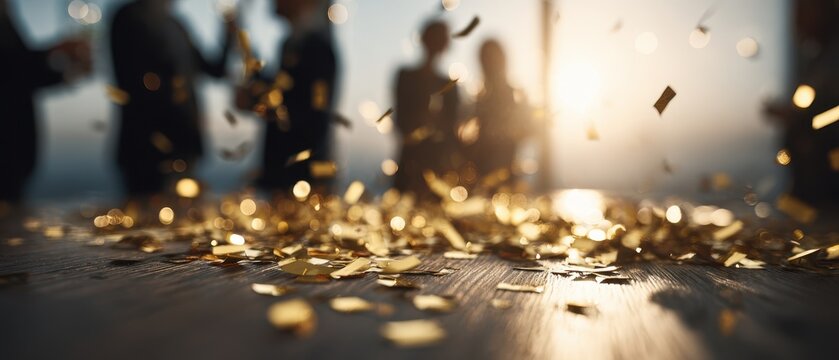 Golden confetti on table with blurred silhouettes of happy business colleagues celebrating corporate party in background.