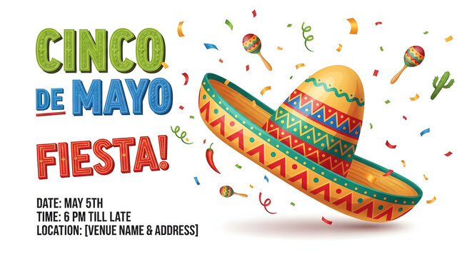 Cinco de Mayo fiesta celebration invitation with sombrero and confetti