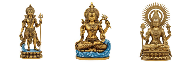 Fototapeta premium Set of Golden Brass Hindu Deity Statues Including Lord Vishnu and Shiva in Sacred Meditative Poses