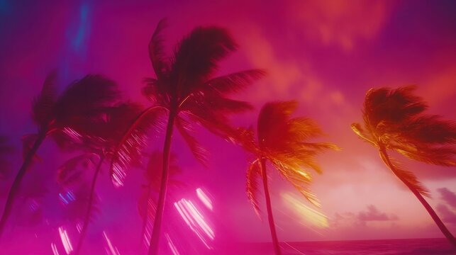 Vibrant sunset paints a surreal colorful sky over silhouetted palm trees at a tropical paradise beach