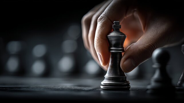 Strategic Adjustment of a Chess King Piece on a Dimly Lit Chessboard