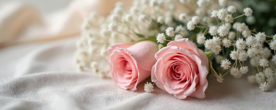 Two pink roses and white baby breath flowers rest on soft fabric. Elegant floral arrangement suitable for wedding invitations and romantic themes. Gentle petals and delicate blooms create soft visual.