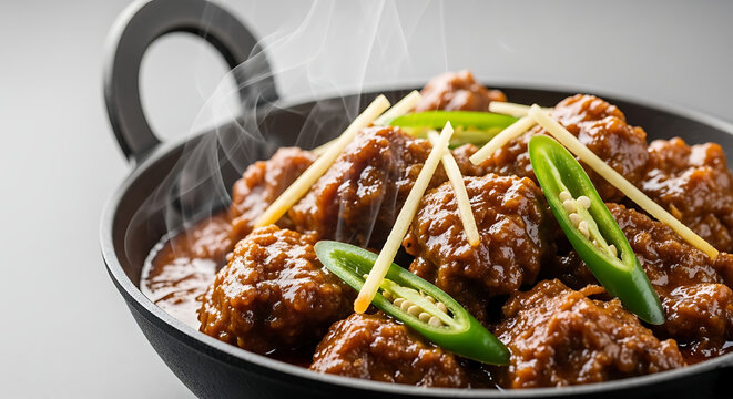 Close-up of a rich Meat Handi curry in a black wok garnished with green chilies and ginger, featuring a thick aromatic sauce and steam, perfect for traditional Asian menu designs.