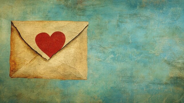 A vintage love letter envelope with a red heart emblem rests on a textured teal background, conveying timeless romance.
