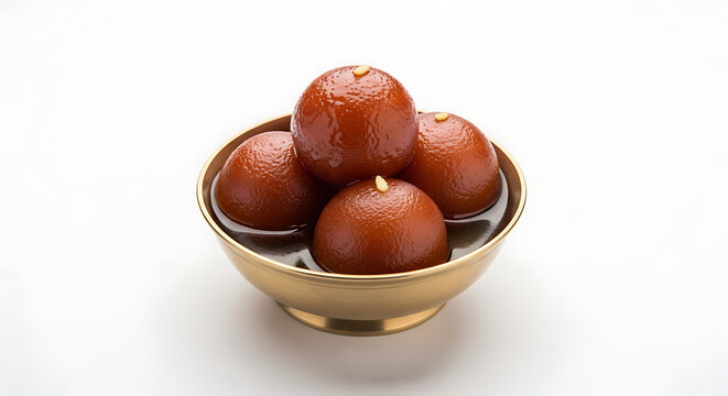 Perspective studio shot of four juicy Gulab Jamun dessert balls garnished with melon seeds, served in a traditional antique brass bowl filled with sweet aromatic syrup, representing luxury South Asian
