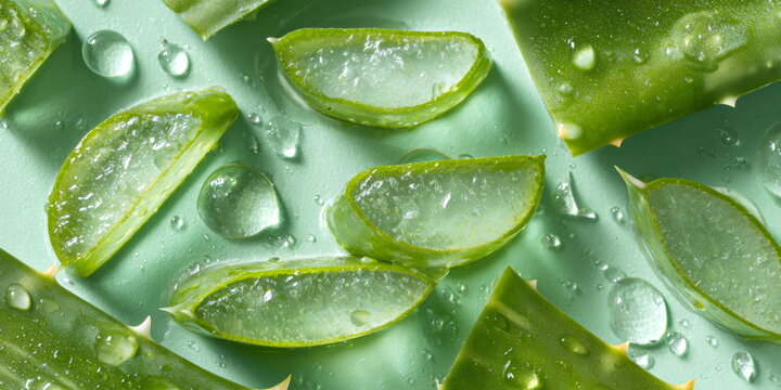 Fresh aloe vera leaf slice revealing inner gel with water droplets. Natural hydration and skincare concept. Organic plant ingredient for beauty and wellness applications.
