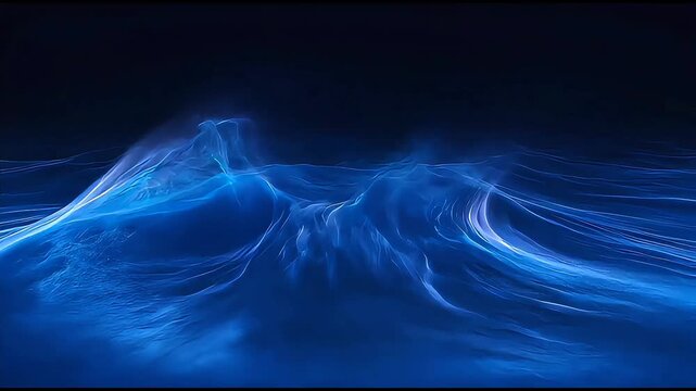 High-quality motion graphics featuring glowing blue light trails and flowing particles that form dynamic waves.