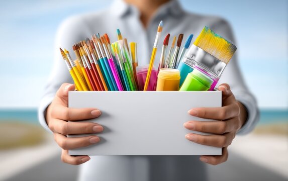Bright and Colorful Art Supplies Box Held by Person Near Beach Background