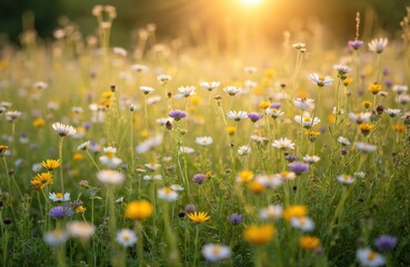 Fototapeta premium Field full of colorful wildflowers, yellow and white daisies, purple asters. Sunlight shines bright on green grass. Nature blooms beautifully on summer morning.