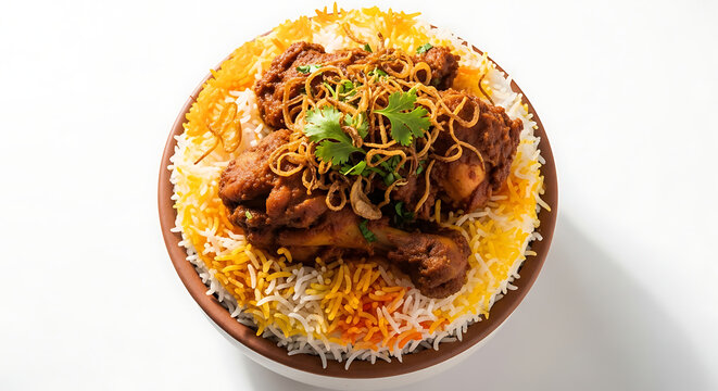 Traditional Indian Chicken Biryani with aromatic basmati rice, tender chicken pieces, and fried onions in a clay bowl.