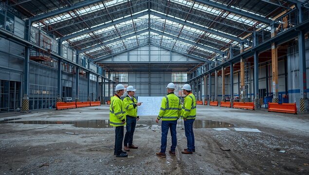 Team of construction professionals and project managers reviewing plans in a vast, empty industrial facility, strategizing for future development and expansion
