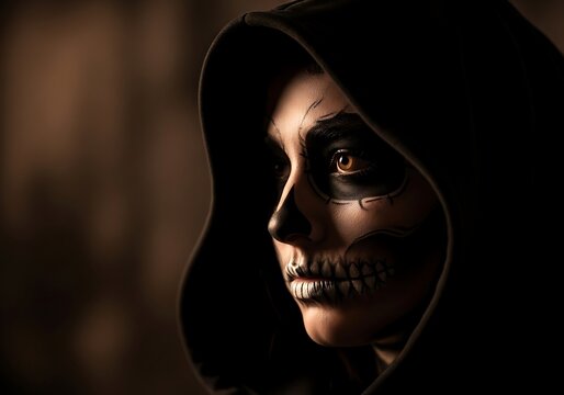Close-up of Woman with Skeleton Face Paint and Black Hood. Generative Ai
