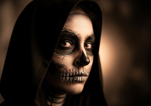 Close-up of Woman with Skeleton Face Paint and Black Hood. Generative Ai