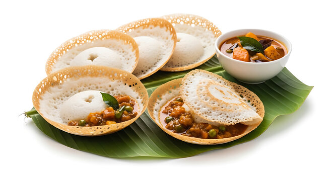  Traditional Kerala Appam rice pancakes served with mixed vegetable stew on a banana leaf