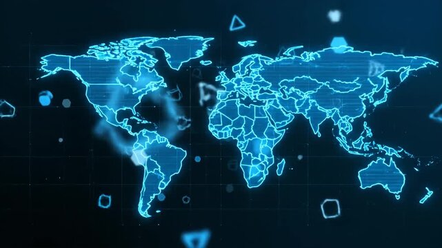 Digital glowing world map with geometric shapes on dark background