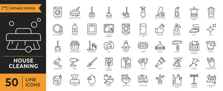 House cleaning outline icon set. Containing cleaning tools, washing, vacuum cleaner, detergent, equipment, household, appliances and more. Editable stroke. Vector illustration.