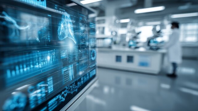 Modern hospital control room with digital dashboards displaying patient data, analytics, and real-time monitoring, representing smart healthcare systems and medical technology.