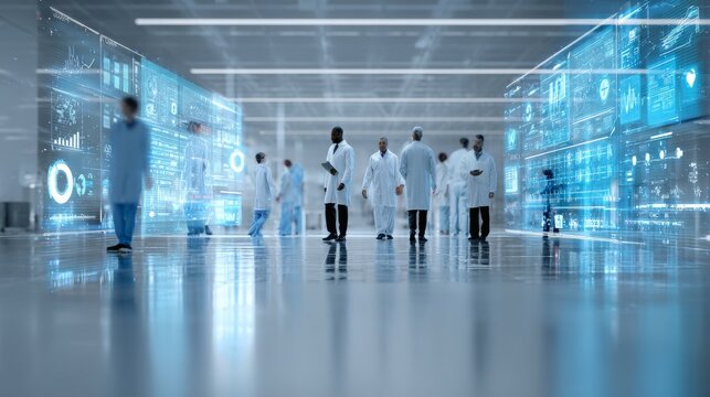 Modern hospital control room with digital dashboards displaying patient data, analytics, and real-time monitoring, representing smart healthcare systems and medical technology.