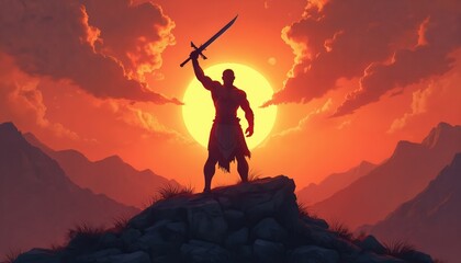 Obraz premium Muscular man holding sword on mountain peak at sunset. Fierce warrior raises weapon in triumph against dramatic fiery sky. Hero celebrates victory after battle.