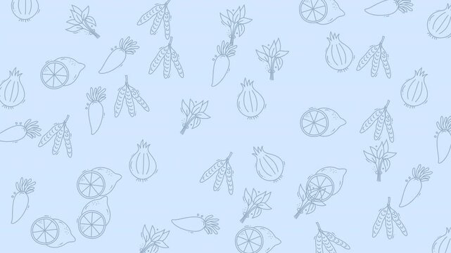 Light blue background with hand-drawn vegetable outlines. Simple line art includes onions, peas, carrots, and lemons. Pattern repeats evenly across the surface