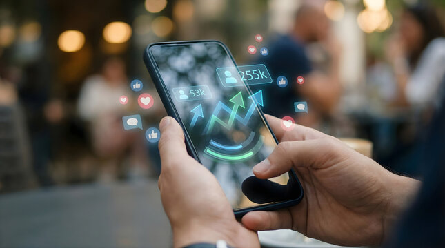 Social media metrics / marketing growth on smartphone, digital analytics and increased follower on mobile screen, viral content engagement and data visualization