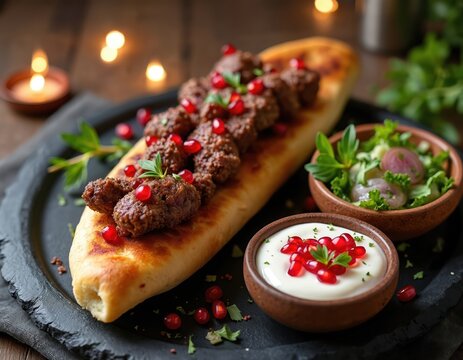 Saj bread topped with grilled meat kebabs and pomegranate seeds. Served with yogurt dip and fresh green salad. Festive meal presentation with soft bokeh lights.