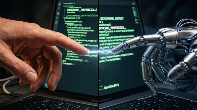 A split-frame visual poem in which a flesh-and-blood human hand and a precision-engineered robotic hand meet over the keyboard of an open laptop, their fingertips almost touching in a