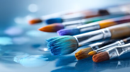 Obraz premium Set of Paint Brushes with Colored Tips Resting on a Smooth Surface