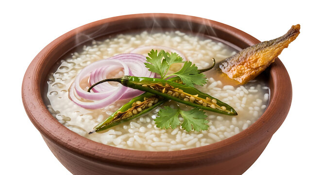 Authentic Bengali Panta Bhat with fried fish, raw onion rings, and spicy green chilies in a clay bowl, traditional celebratory meal for Bengali New Year on a white background.