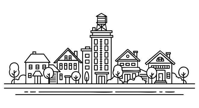 Minimalist vector illustration depicting a charming small town street featuring varied residential houses and a prominent central building with a water tower silhouette created with clean black lines 
