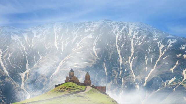 mountain landscape with clouds, Kazbegi, Georgia, Caucasus. Gergeti Trinity Church.