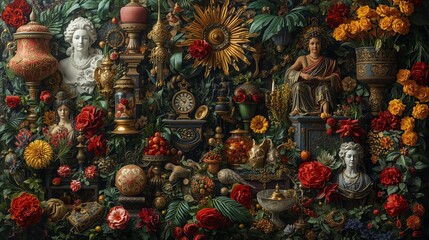 Fototapeta premium A Vibrant Floral Still Life with Classical Statues and Ornate Objects