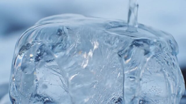 Ephemeral Transformations The slow, mesmerizing transition of solid ice into liquid water, emphasizing the fluid dynamics and surface tension of droplets.