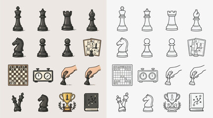 Collection of chess pieces, game board, timer, and strategy diagrams in both colored and outline styles. © renender