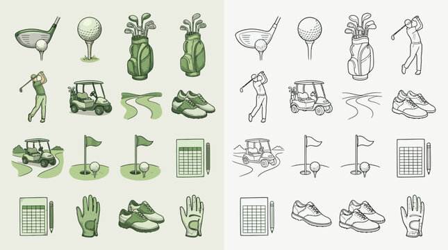 Collection of golf-related icons and illustrations, presented in both color and line art styles, depicting equipment, players, and course elements.