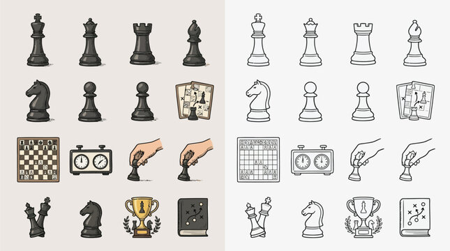 Collection of chess pieces, game board, timer, and strategy diagrams in both colored and outline styles.