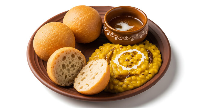 Authentic Rajasthani Dal Baati Churma platter featuring baked wheat balls, thick lentil dal, and sweet churma with ghee, traditional North Indian meal isolated on a white background.