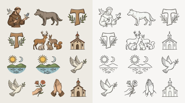 A collection of religious and nature-themed icons, featuring Saint Francis, animals, churches, and natural elements.