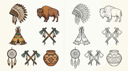 Collection of Native American cultural symbols and elements, including headdresses, tipis, dreamcatchers, axes, pottery, and bison, presented in both color and monochrome versions. © renender