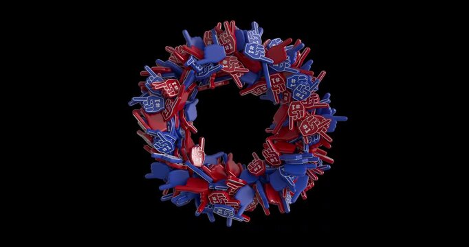 A circular ring made of cheering foam fingers rotates in a playful and eye catching formation, creating a bold sports themed visual. This 3D animation is rendered in 4K and includes an alpha channel f