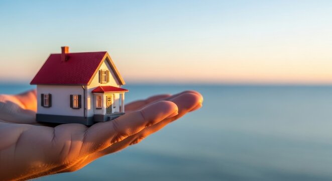 M&atilde;o segurando uma casa em miniatura contra o fundo desfocado de um p&ocirc;r do sol no mar, conceito de investimento imobili&aacute;rio e hipoteca.