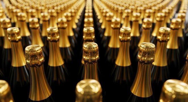 Fileiras de garrafas de champanhe com gargalos dourados, conceito de celebra&ccedil;&atilde;o de luxo e festa

