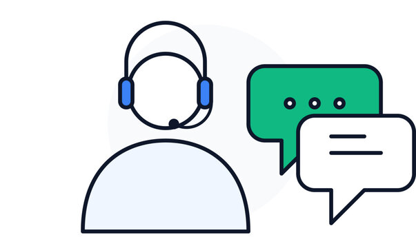 Hand-drawn customer service operator wearing headset next to speech bubbles representing chat help online illustration