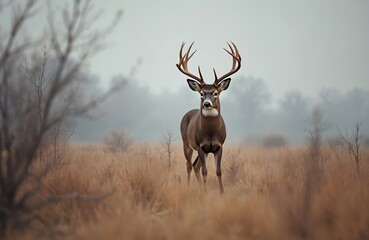 Obraz premium Majestic buck stands in dry grass field during autumn mist. Large antlers crown head of wild male deer. Nature scene shows animal in natural habitat, morning fog covers forest.