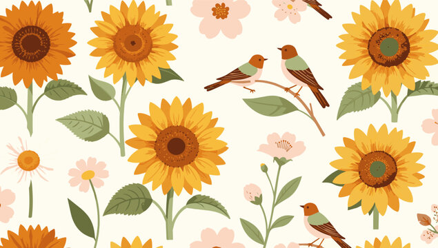  Seamless pattern with sunflowers and small birds