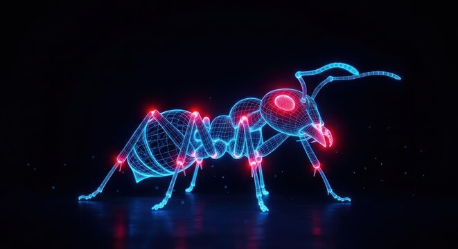A glowing neon-style illustration of an ant with red and blue lights, showcasing its skeleton and body parts in a dark environment.